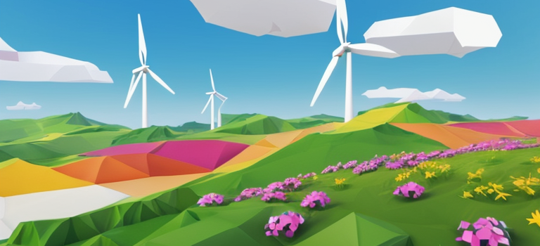Generierte Grafik mit blumenbewachsener Landschaft, kleinen Hügeln und drei Windrädern in Polygonoptik.